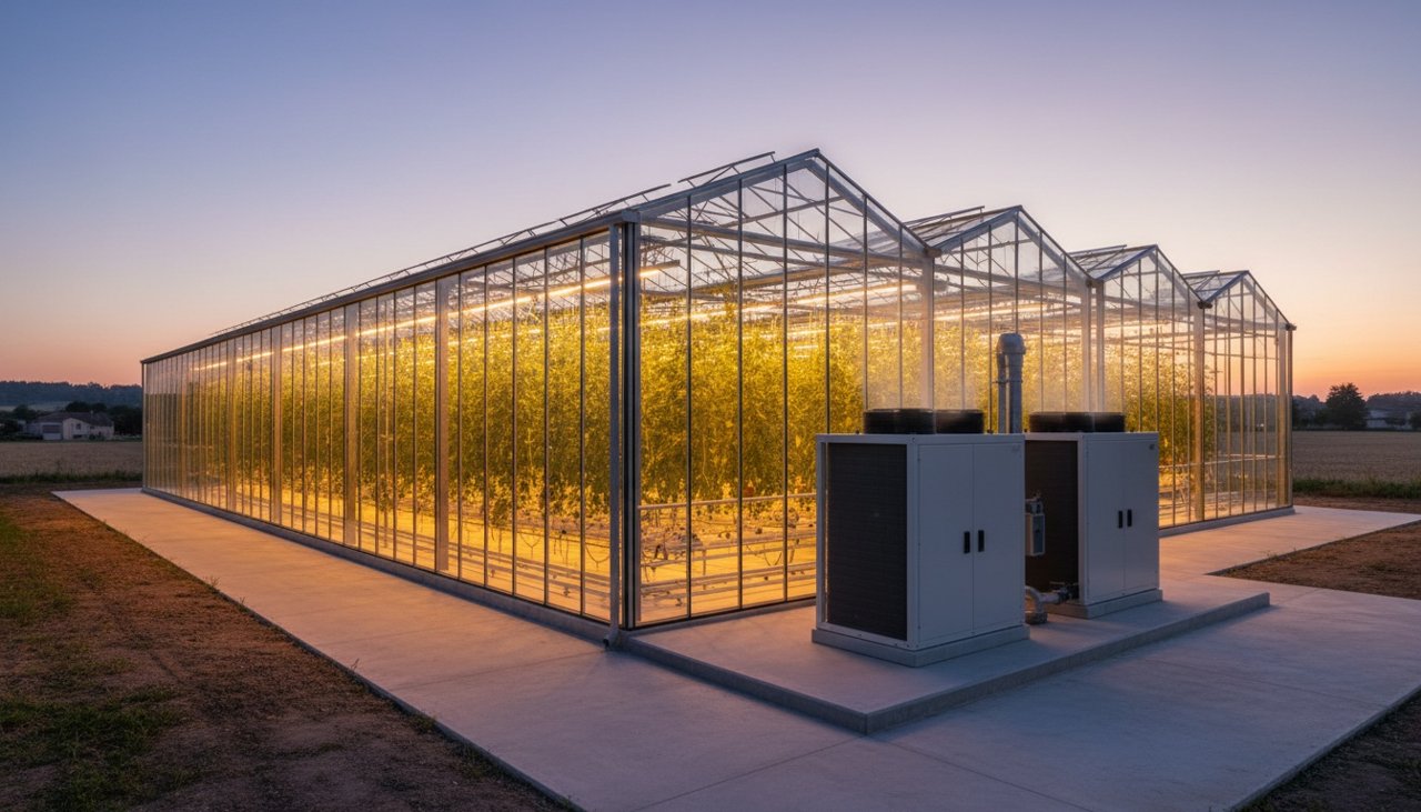 Serre de tomates chauffée par deux pompes à chaleur installées à l'extérieur